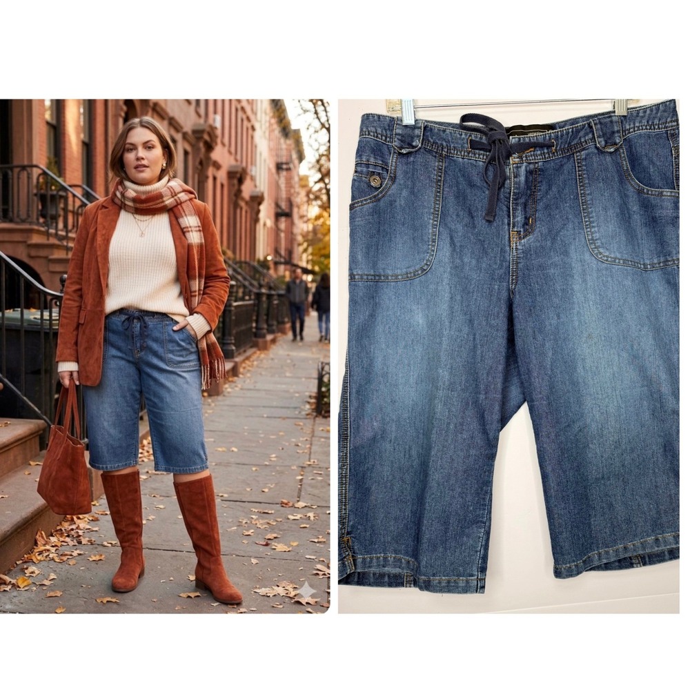 Venezia Blue Denim Gaucho Bermuda Shorts Drawstring Waist 14 Boho BusinessCasual